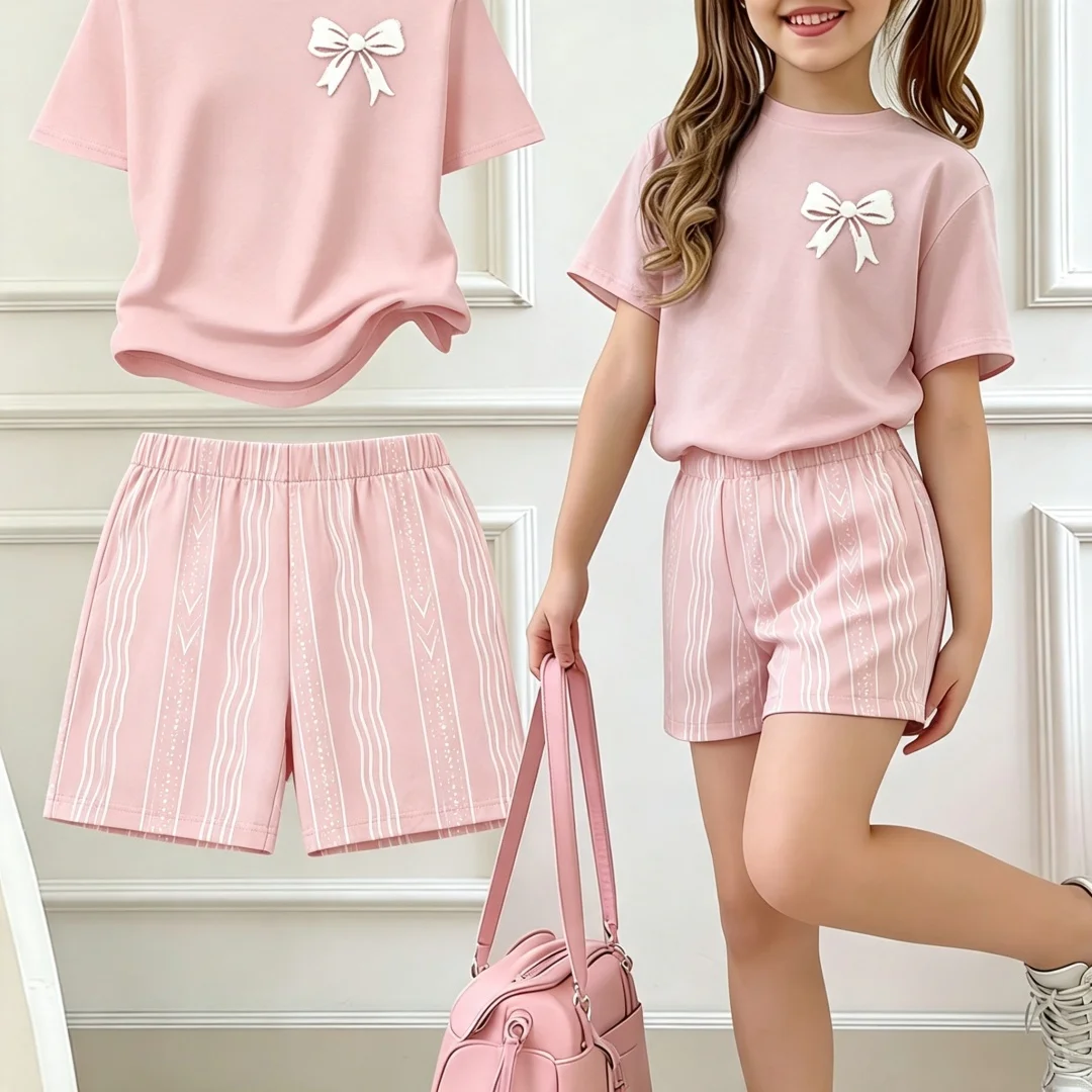 Mädchen-Set mit kurzärmeligem T-Shirt und Shorts mit Schleifenmuster, Frühling und Sommer, Back-to-School-Outfit, Y2K-Hippie-Kinder, weiche, lässige Alltagskleidung – Detail 6