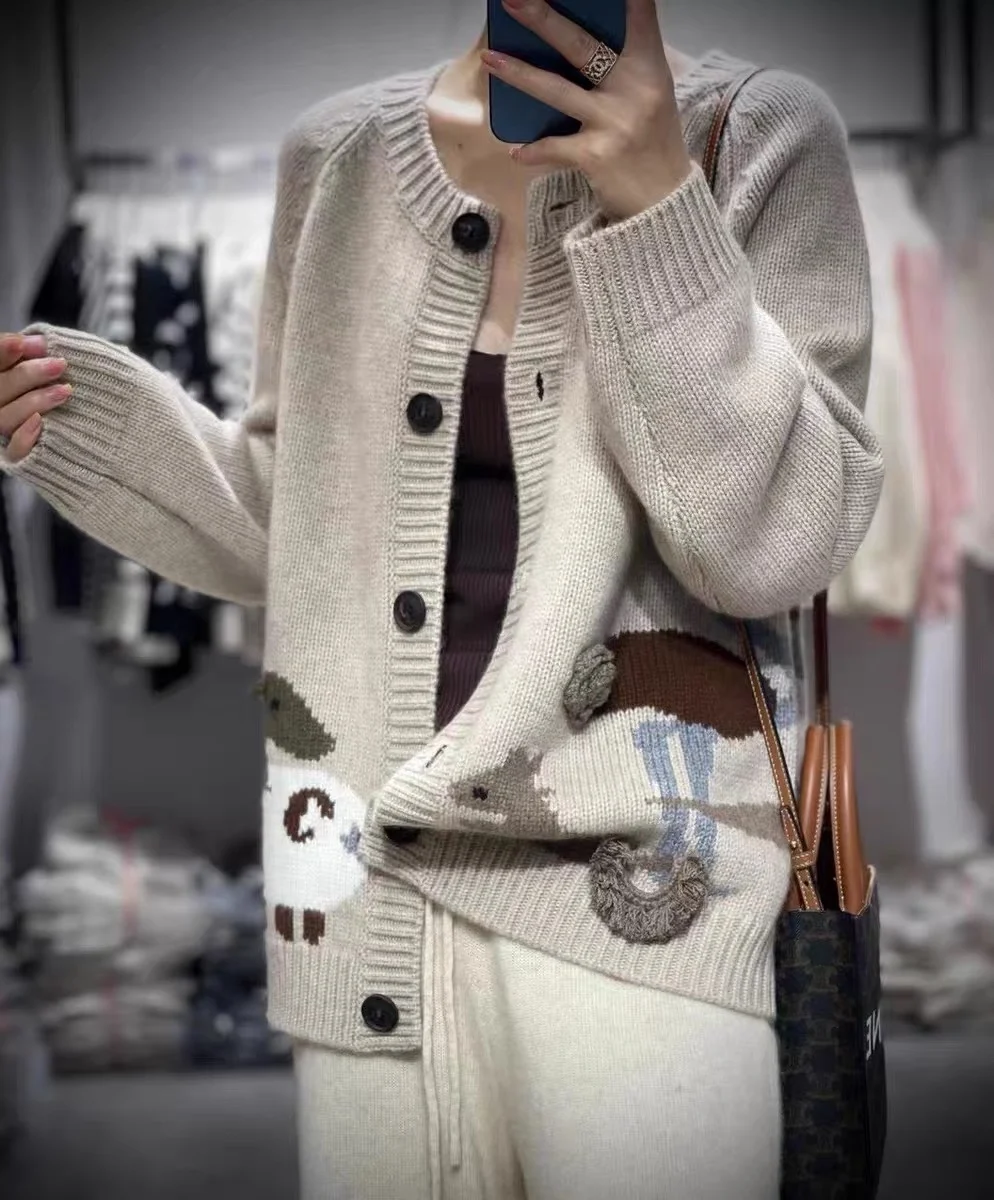 

Осенне-зимнее плотное пальто с вышивкой вручную в стиле зоопарка повседневные свободные европейские товары с круглым вырезом кардиган из 100% чистого кашемира