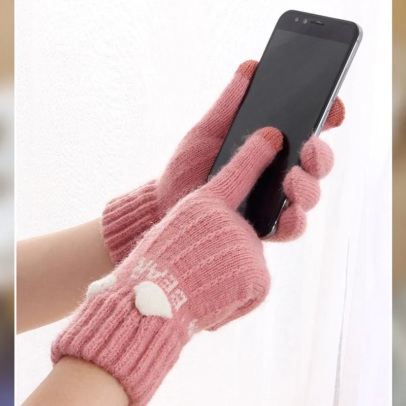 Korean Cat's Ears Cute Knitted Gloves Women Thickened Warm Touch Screen All Finger Gloves Soft Skin Friendly Splice Color Gloves