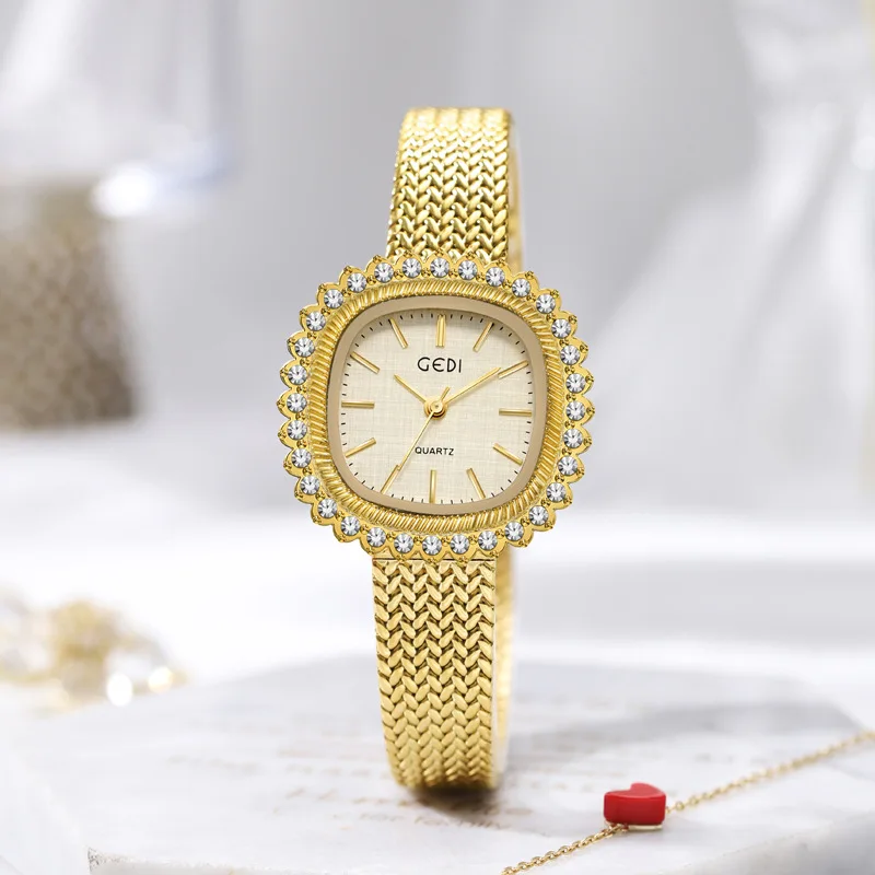 GEDI Women Quartz Watch Luxury Classic Square Diamond Dial Gold Sliver Clock Stainless Steel Orologio Reloj Ladies Wristwatch