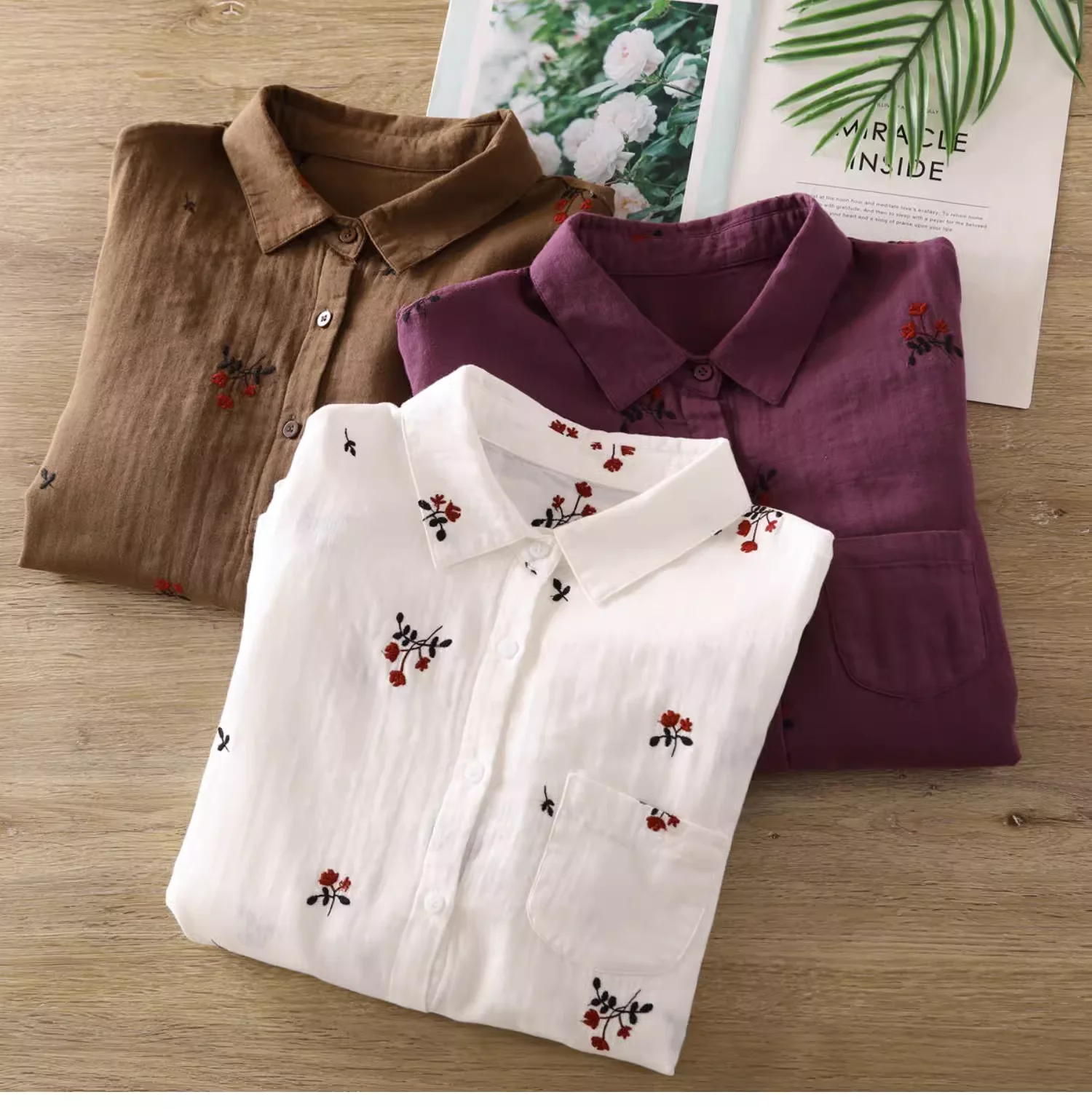 100% Cotton yarn long sleeve blouses for women autumn casual flowers embroider purple coffee white shirts backing shirts