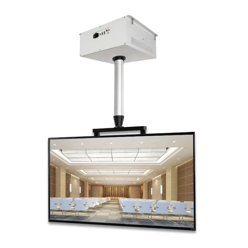 Universal single-pole motorized adjustable height and length TV lifts for ceiling display equipment accessories