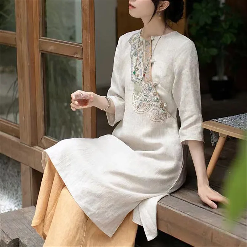 Limiguyue Chinese Retro Floral Embroidery Linen Dress Summer Women Split A-line Dress O Neck Split Knee-Length Vestidos E765