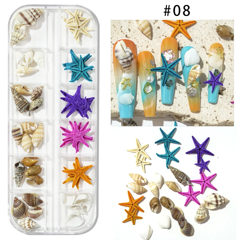 12 Grids Natural Abalone Sea Shell Starfish Nails Charms Summer Ocean Style Nail Art Irregular Shell Slice Abalone Decorations