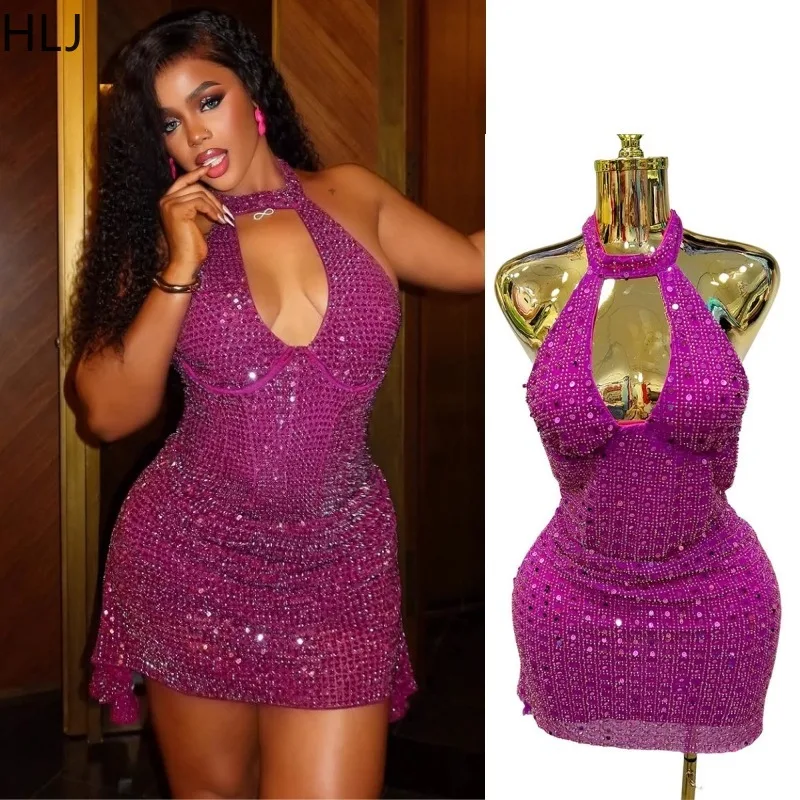 Hlj sexy strass retalhos bodycon mini vestido mulher verão novo halter sem costas vestidos femininos festa clubwear vestidos 2025