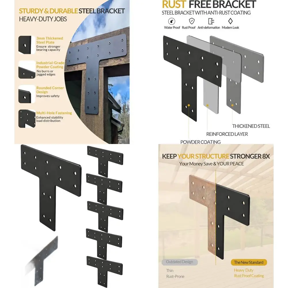 

6-Pack 12x8 Inch T-Shape Steel Brackets, 0.12 Thick for Wood, Suitable for 4x4 and 6x6 Lumber, Perfect for Truss Framing, Home R