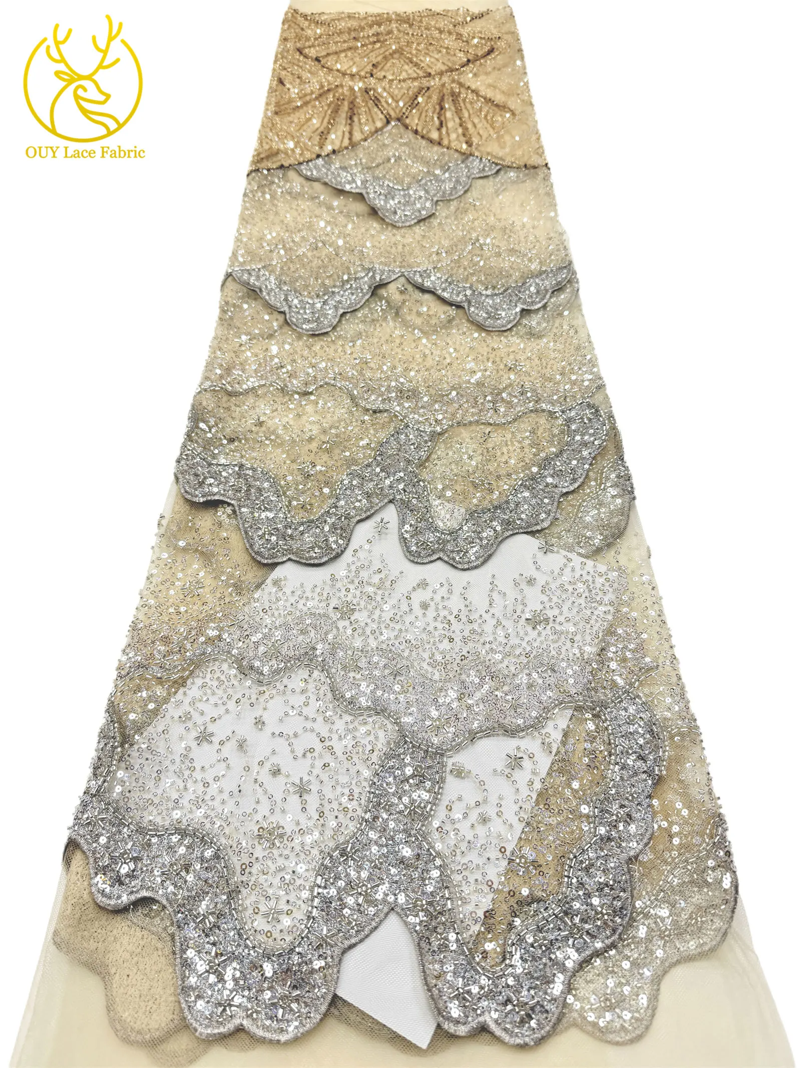 Goldene luxuriöse nigerianische 3D handgefertigte DIY-Stickerei-Spitze, afrikanische Perlen-Pailletten-Spitze für Damen, Hochzeitskleid, Partykleid, zum Nähen – Detail 11