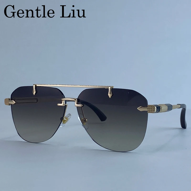 

Oversized Punk Rimless Sunglasses Men 2025 Luxury Brand Vintage Oval Pilot Sunglass Steampunk Double Beam Eyewear UV400 Shades