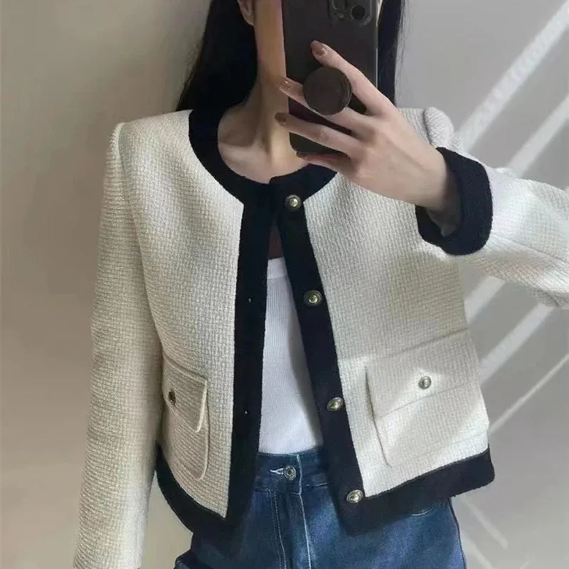 

Vintage Elegant Tweed Cropped Jackets Women Korean Patchwork Short Coat Spring Autumn Streetwear All Match Casual Outerwear Tops