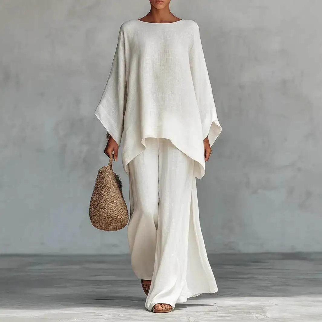 

Женский повседневный комплект из льняной смеси: свободные брюки с широкими штанинами и рубашка, простой модный стиль для офиса, универсальный крой, средняя/низкая талия