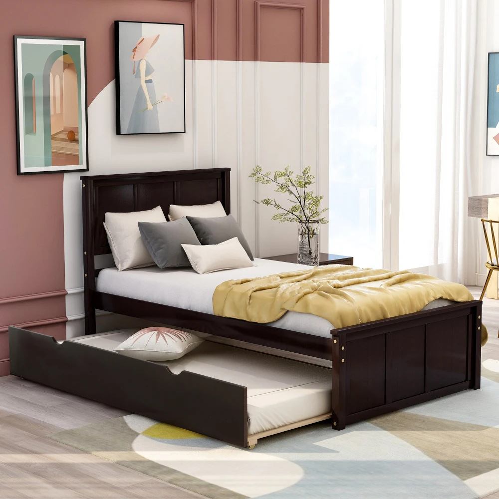 Platform Bed with Twin Size Trundle Twin Size Frame Bed Set Furniture for Bedroom