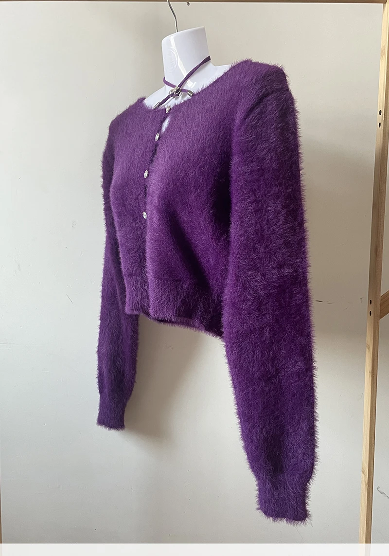 Purple Knit Woman Korean Style Cropped Tops Fluffy Gyaru Cardigan Autumn Winter Y2k Streetwear Furry Knitwears Fashion Outfits