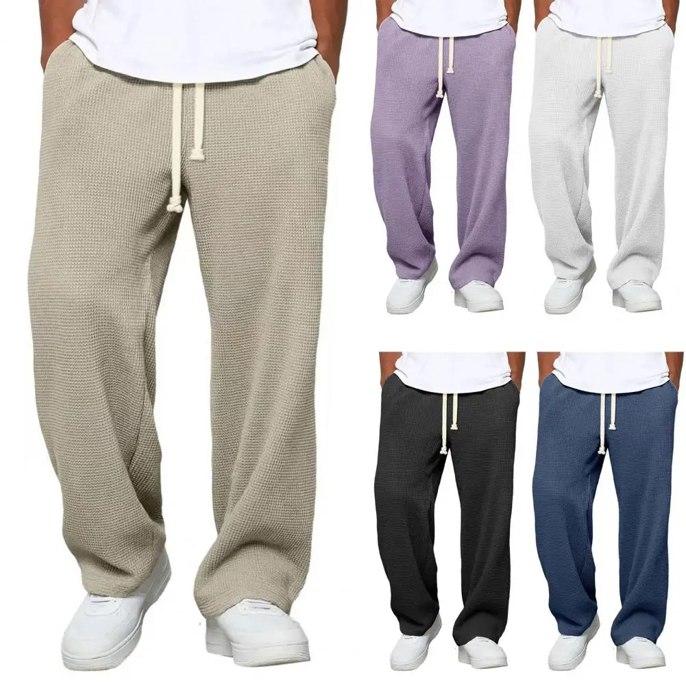 Men Casual Baggy Trousers Color Wide Leg Pants Loose Fit Drawstring Waist Straight Sweatpants for Sports Street