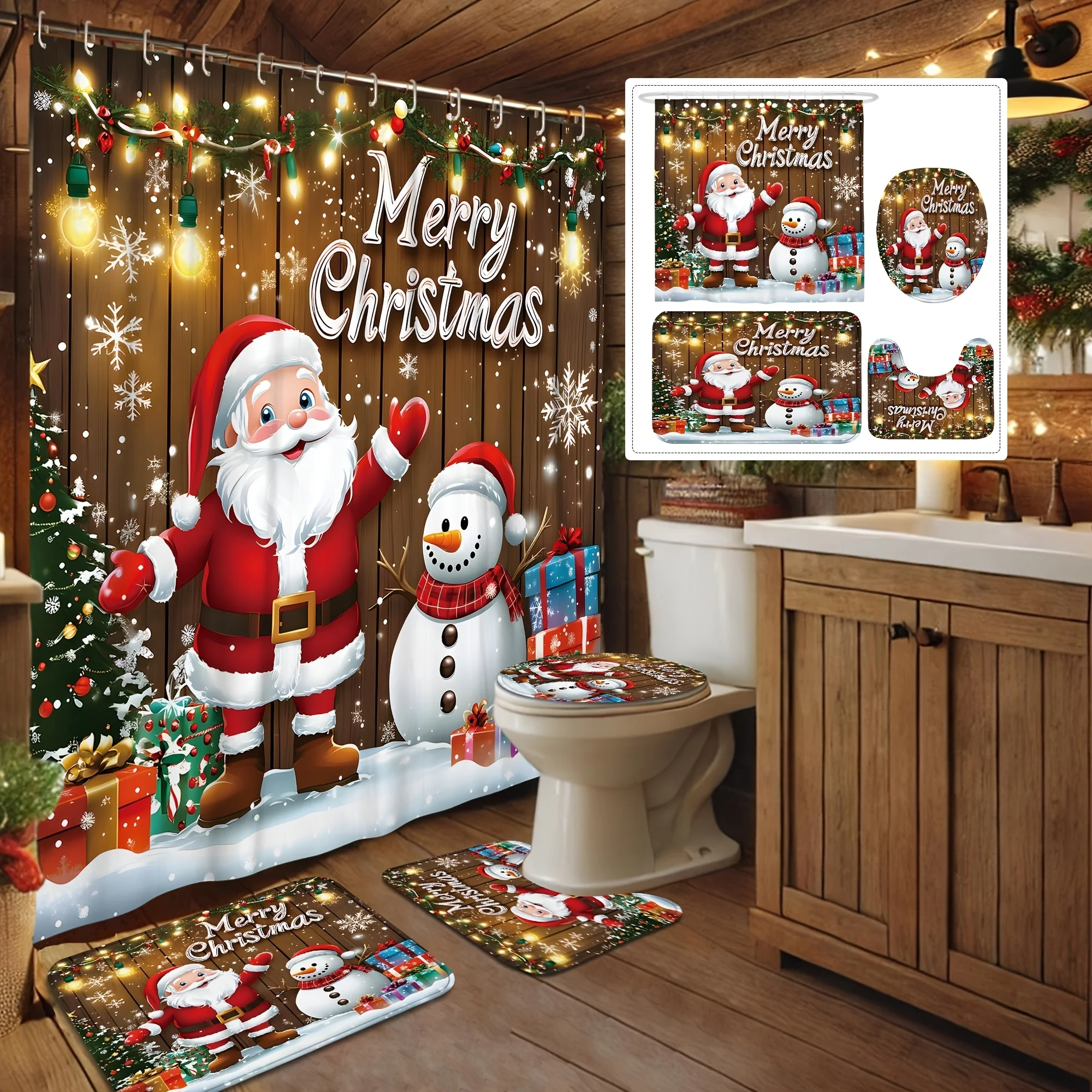 

Рождественский набор для ванной из 4 предметов — снеговик Санта-Снежинка, красный, белый цвет, занавеска для душа, 12 крючков, нескользящая U-образная крышка, праздничный домашний декор