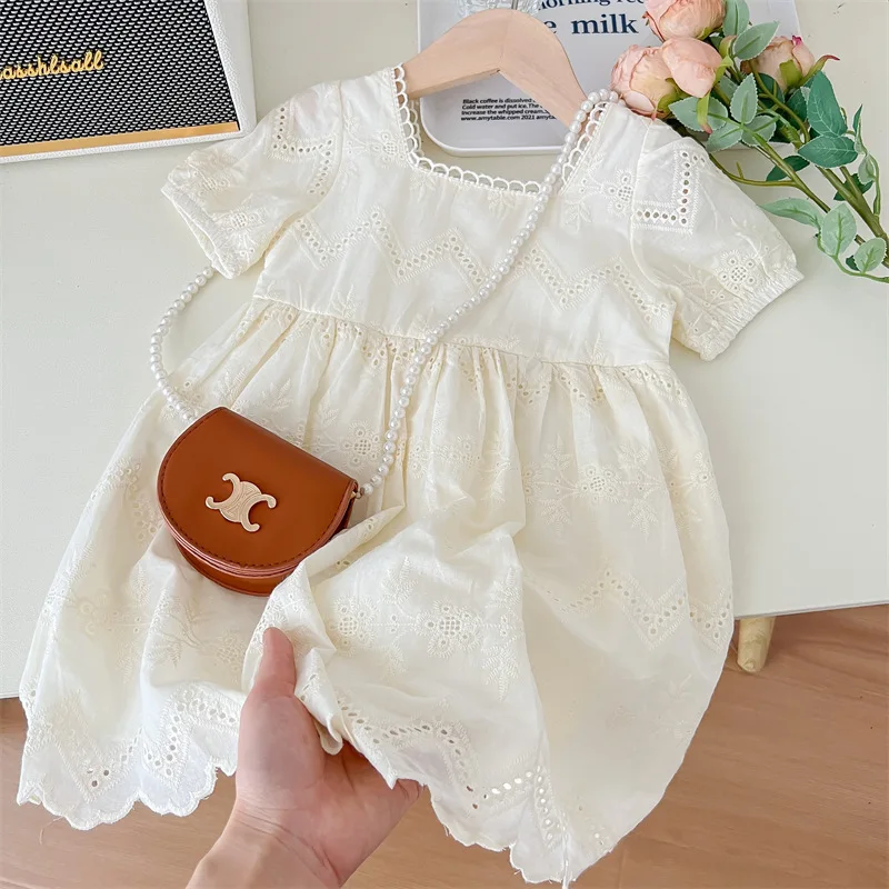 Girls Hollow Bubble Sleeve Dress Kids Round Neck Short Sleeve Solid Color Clothes Summer New Children\'s Lace Casual Frock 2-8Y