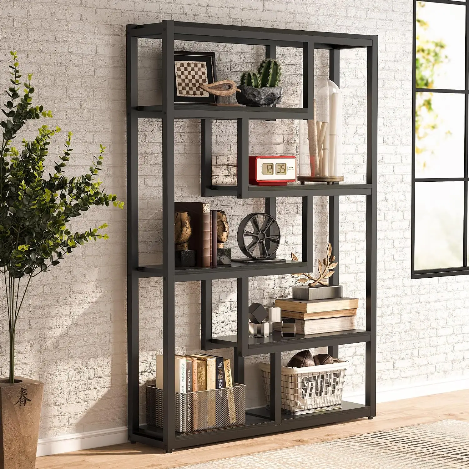 6-Shelf Industrial Bookshelf Set Of 2, 69-Inch Tall Storage Display With Sturdy Metal Frame, Black, Customized