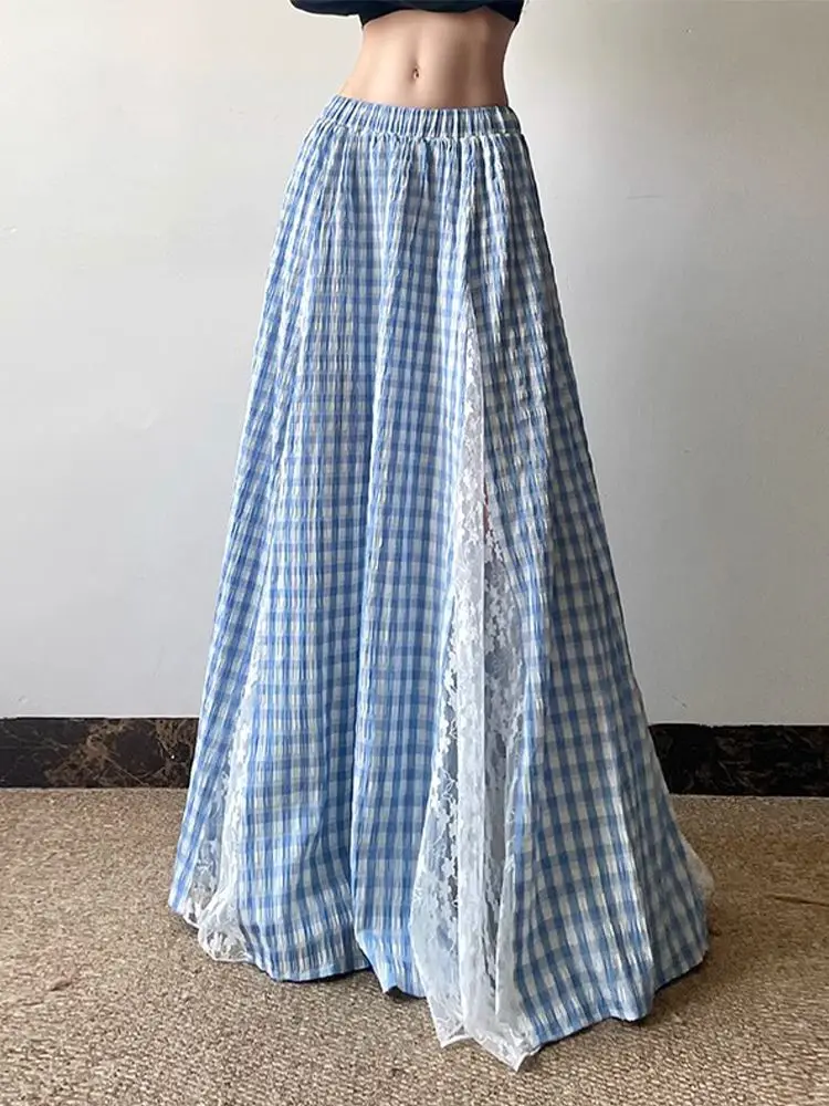 Jupe à carreaux en dentelle pour femmes, élégante, Patchwork, Fairycore, douce, Vintage, longue, Style coréen, rétro, ligne a, à volants