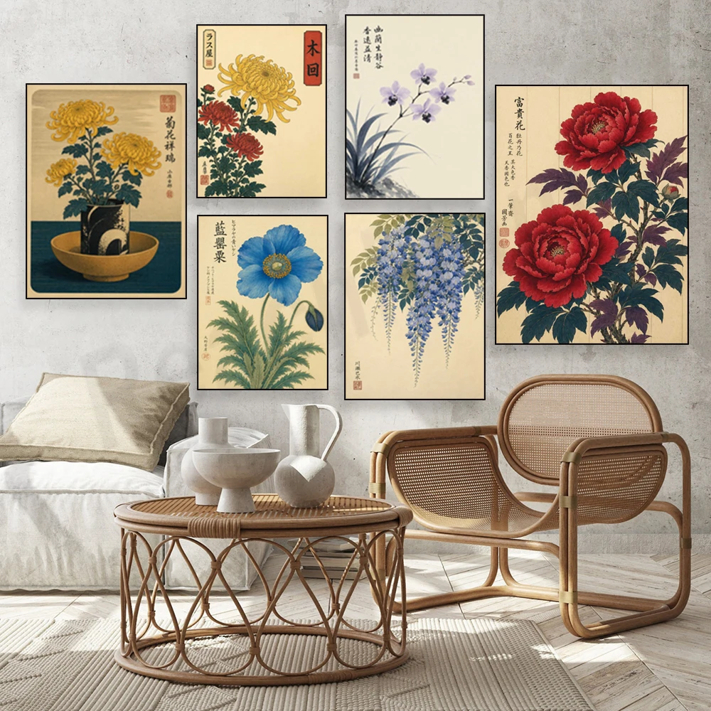 Japanese orchids, morning glories, chrysanthemums, irises, peonies, lilies, wisteria, and wabi-sabi flower and plant posters.