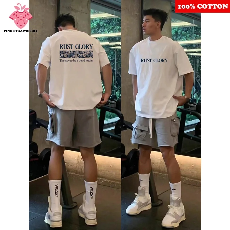 

American brand Pattern Print T-shirt Men Summer 2025 New 100% Cotton Short sleeve Street Gym Sports T-shirt Y2k Top men clothing