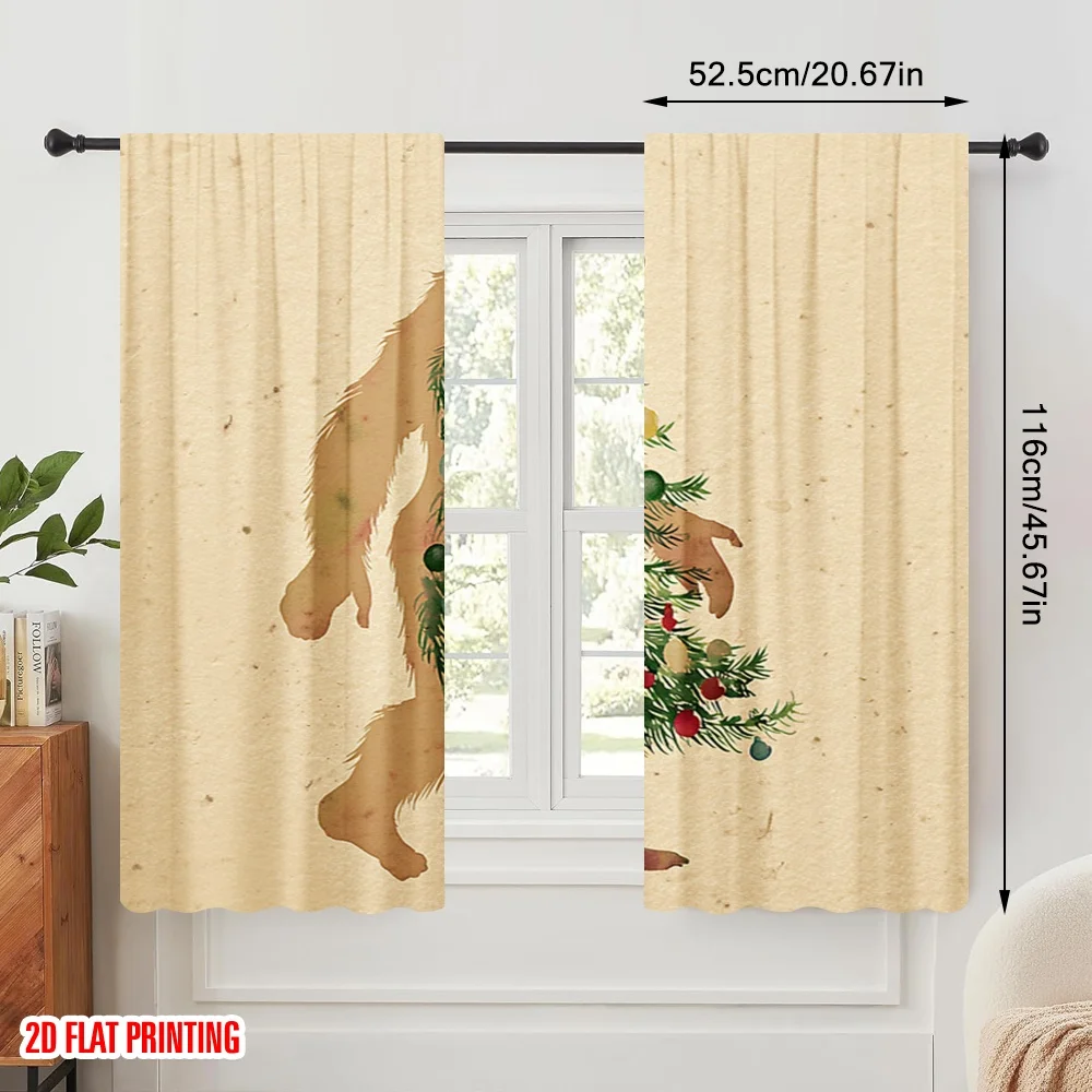 2pcs,2D plane printing Minimalist Curtains Bigfoot & Christmas Tree 100% Polyester (without rod) Holiday for Study, Living Room,