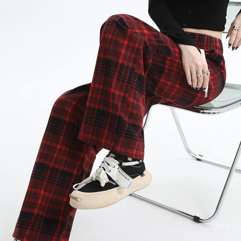 Pantalon femme taille haute Plaid cordon Chic Baggy automne hiver droit épaissir Plus velours tout-match pantalon jeune populaire