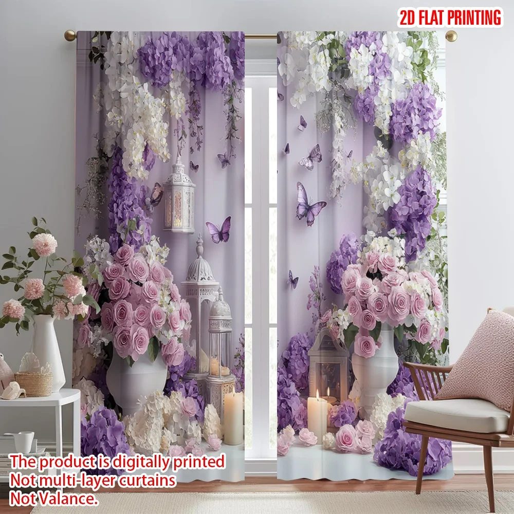 

2D flat printing 2pcs Party Window Curtains Spring Flowers and Butterflies Digital Printed Polyester Drapes Holiday Decorations