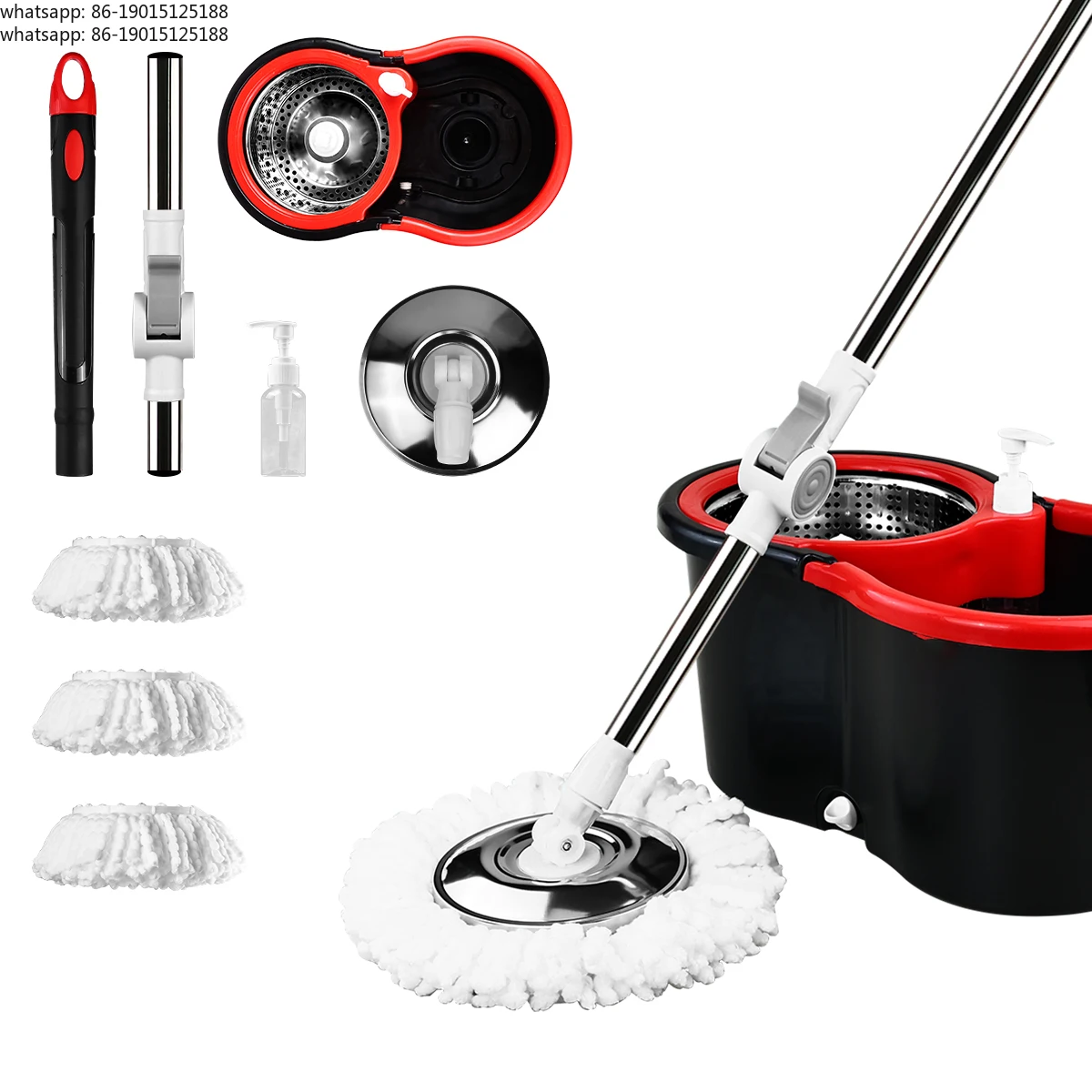Mop Bucket Set 360° Dual-Motion Spin Mop System 3 Split-Yarn Mop Heads Self Cleaning Bucket