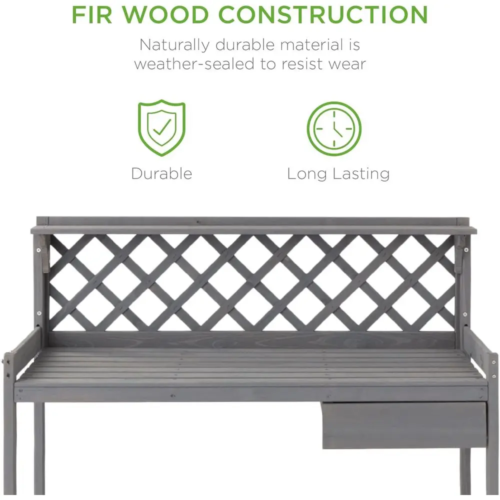Outdoor Garden Potting Bench Wooden Workstation Table w Cabinet Open Shel Lower Storage Lattice Back Gray