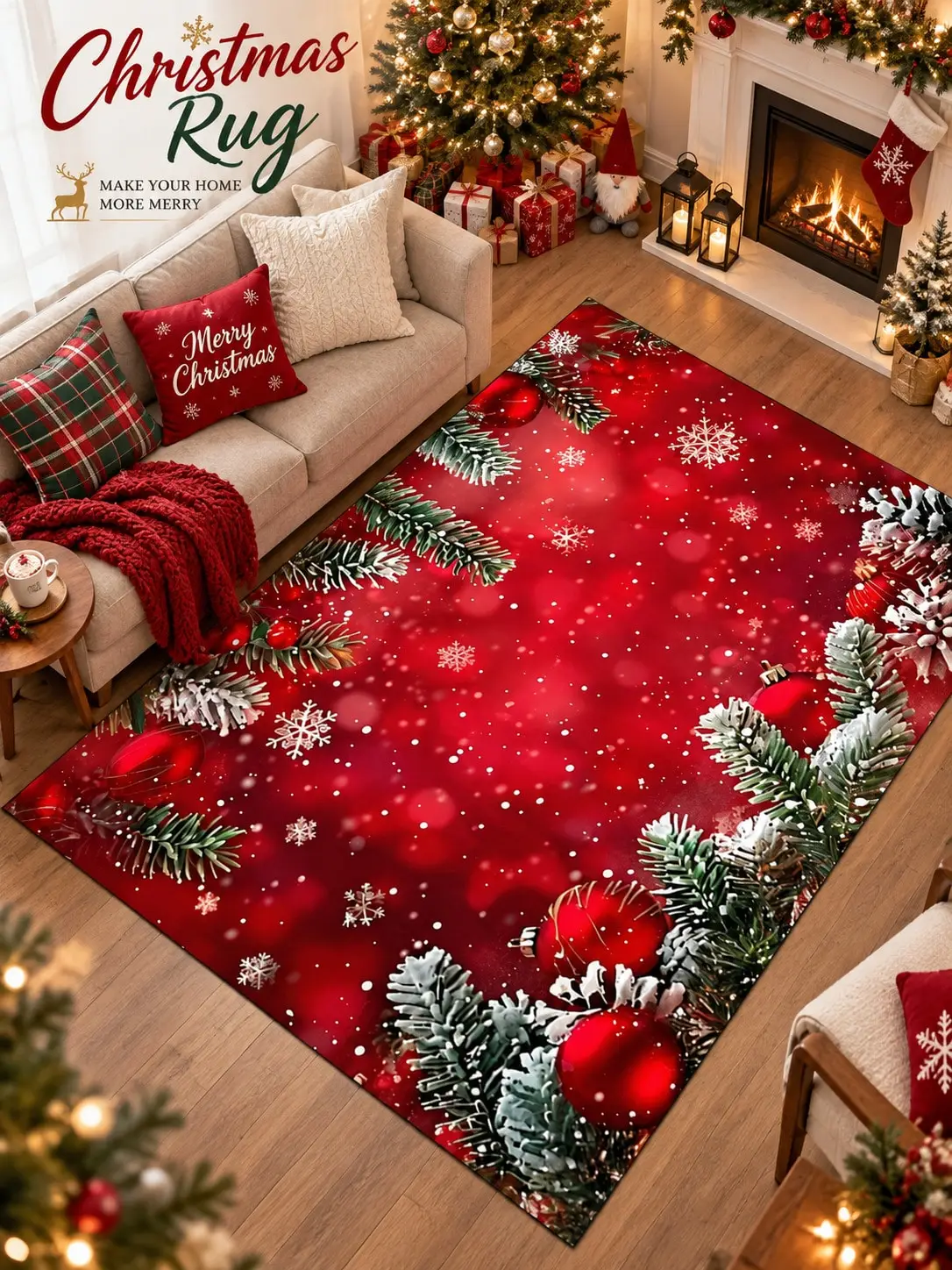 Christmas Rug Pine Branches Baubles Snowflakes Floor Decor Carpet Living Room Bedroom Dining Area Entryway Apartment Cabin Winter Home Styling Beside Sofa Bed Housewarming Birthday Gift for Parents Friends Neighbors Sisters Holiday Celebrations