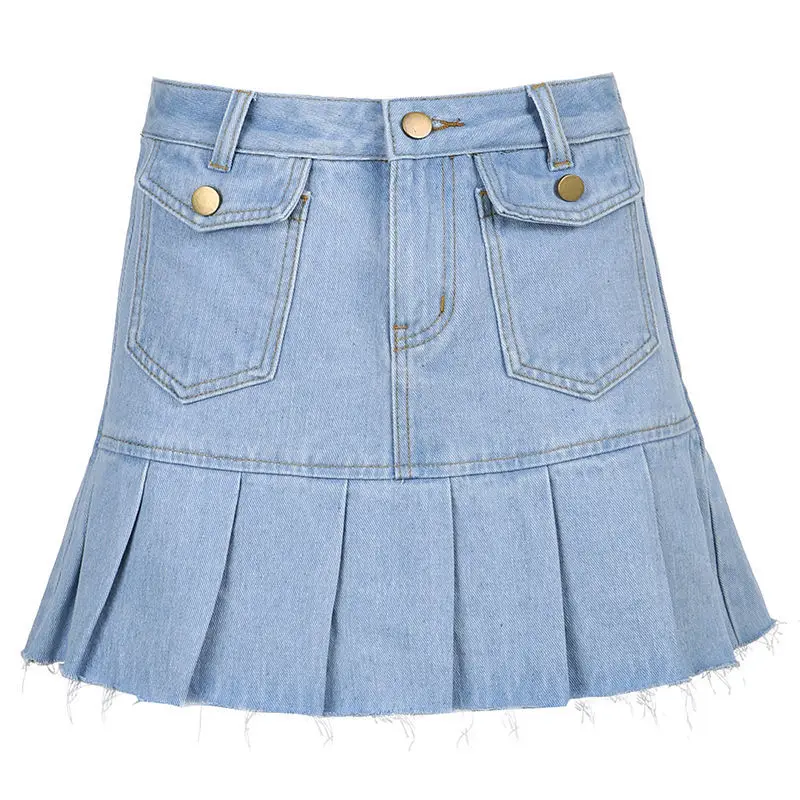 Rok pendek Denim Ruffles tepi kasar pinggang tinggi gaya Preppy kasual ritsleting terbang keselamatan musim panas Streetwear rok Jeans Mini wanita