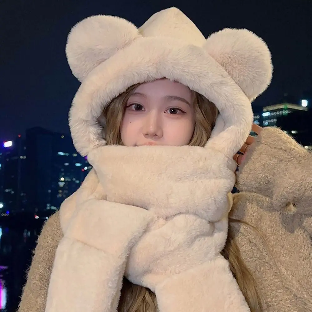 لطيف آذان الدب قبعة يندبروف سميكة قبعة متكاملة وشاح الشتاء قبعة دافئة وشاح قفازات مجموعة للفتيات امرأة
