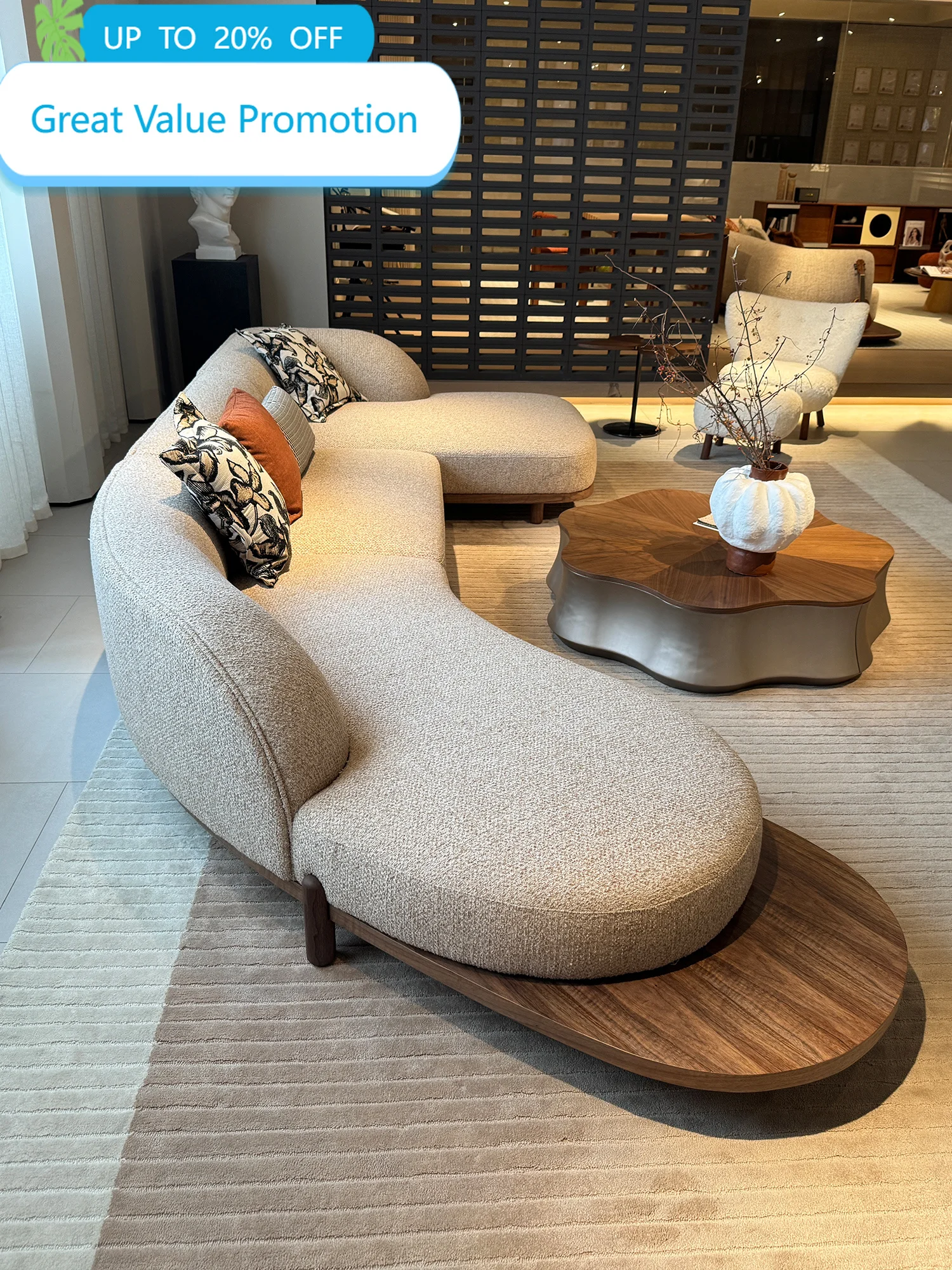 Beige Boucle Curved Sectional Sofa S Shaped Wooden Plinth Base Pillow Backrest Chaise For Living Room Villa Bedroom Home Decor