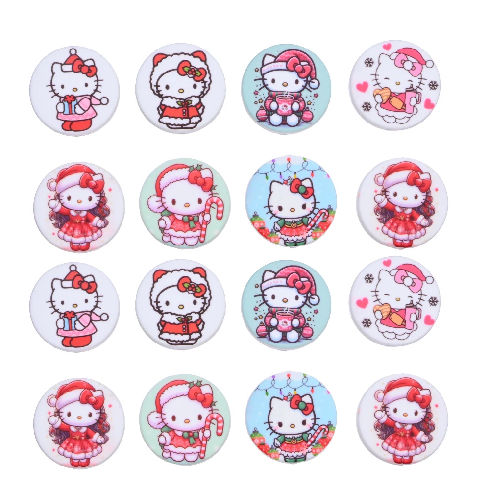 

7Pcs Sanrio Themed Silicone Flat Beads Christmas Hello Kitty Print Bead For Handmade Pacifier Chains DIY Jewelry Making Accessor
