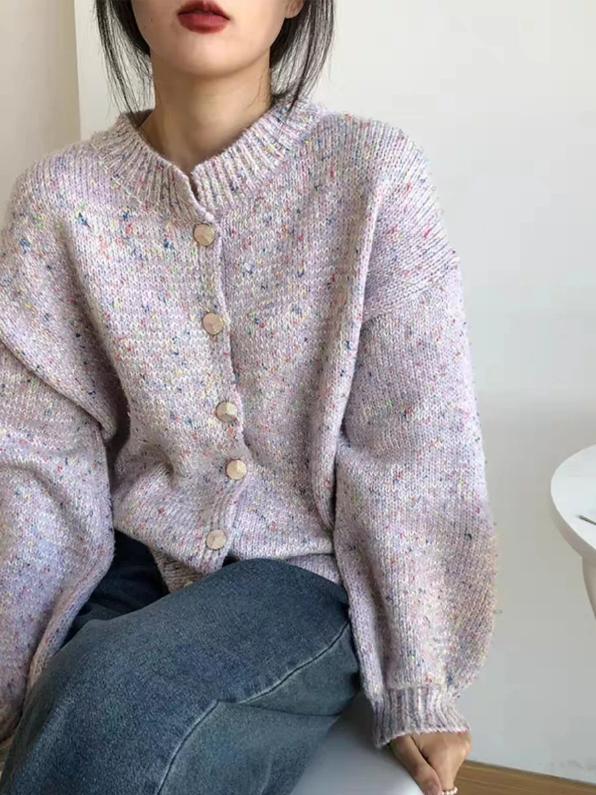 

Розовый круглый открытый кардиган, свитер, женский весенне-осенний свободный удобный дизайн, вязаная верхняя одежда в горошек