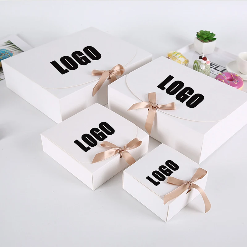 5 Pcs Custom Logo Bow tie gifts package box Kraft white cardboard dessert packge gift box wig scarf wedding birthday paper box