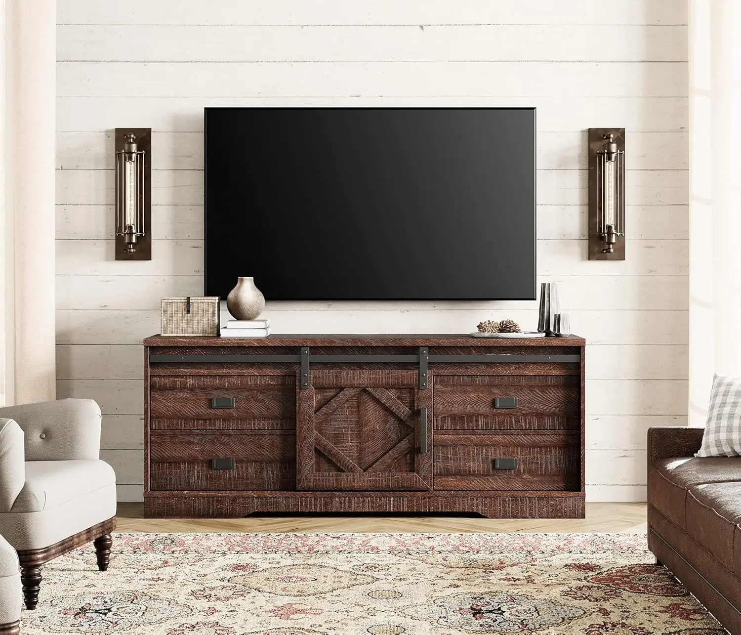 Farmhouse TV Stand with Charging Station and USB Ports for TVs up to 110