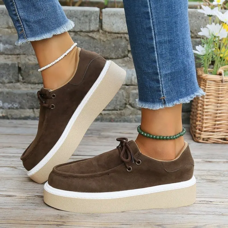 Sepatu kets Suede wanita, sepatu Platform ujung bulat, sepatu Sneakers bertali, datar, musim semi, luar ruangan, lari, kasual, divulkanisir