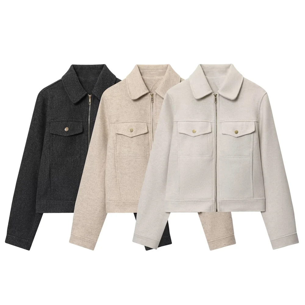 

Women's New Casual Versatile Collar Long Sleeve Straight Pocket with Soft Zipper Jacket Coat