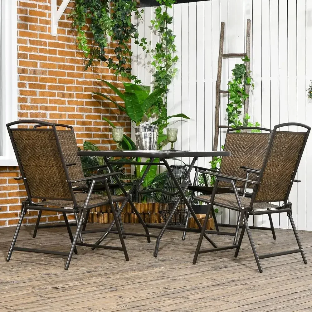 5-Piece Wicker Outdoor Dining Set with Tempered Glass Table and Umbrella Hole, Brown