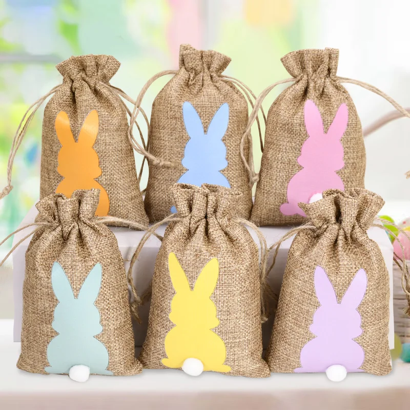 24/6Pcs Easter Linen Candy Gift Bag Cute Bunny Cookie Snack Packaging Treat Bags Kids Happy Easter Party Decoration Supplies