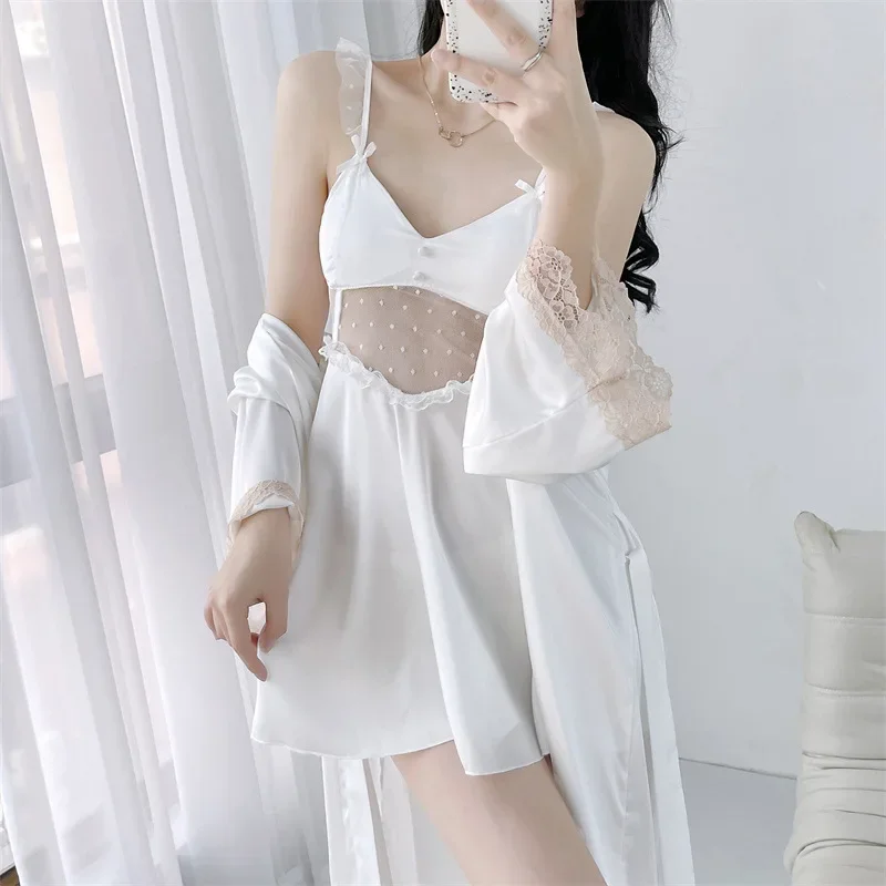 Bride 2PCS Robe Set Lace Nightgown Sleepwear Women Summer Mesh Hollow Out Nightdress Kimono Rayon Satin Bathrobe Gown Loungewear