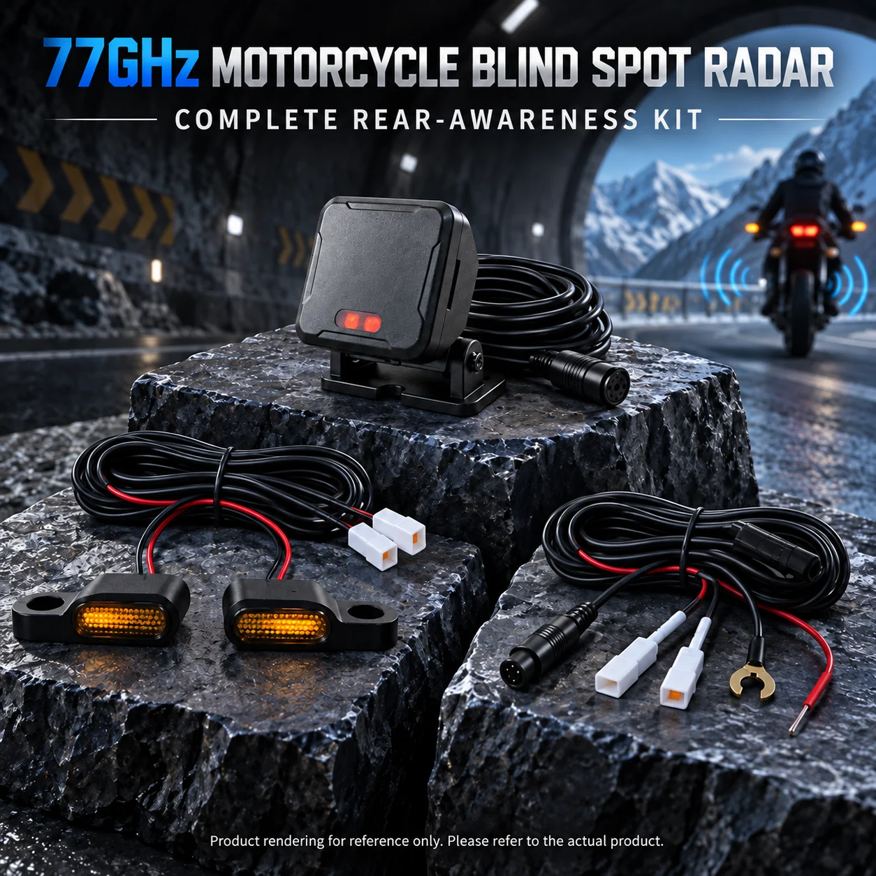 77GHz Motorcycle Alpine-Tunnel Rear Radar with Dual Mirror LEDs, BSD 8.4m, LCA 50m and Up to 70m Detection