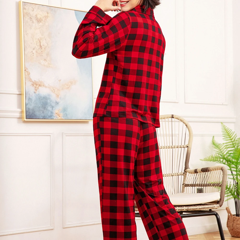 Women\'s Red and White Check Pajama Two-piece Set Long Sleeve Lapel Cardigan Shirt and Pants