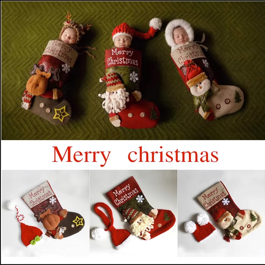 Newborn Baby Christmas Photography Props Costume Stocking Sleeping Bag Xmas Santa Hat