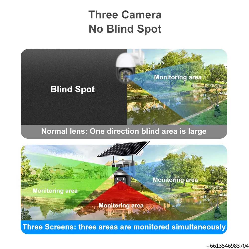 V380 Model Brand-new Three-screen Zoom Solar Network Monitoring Camera with Dual-lens Pan-tilt Operation