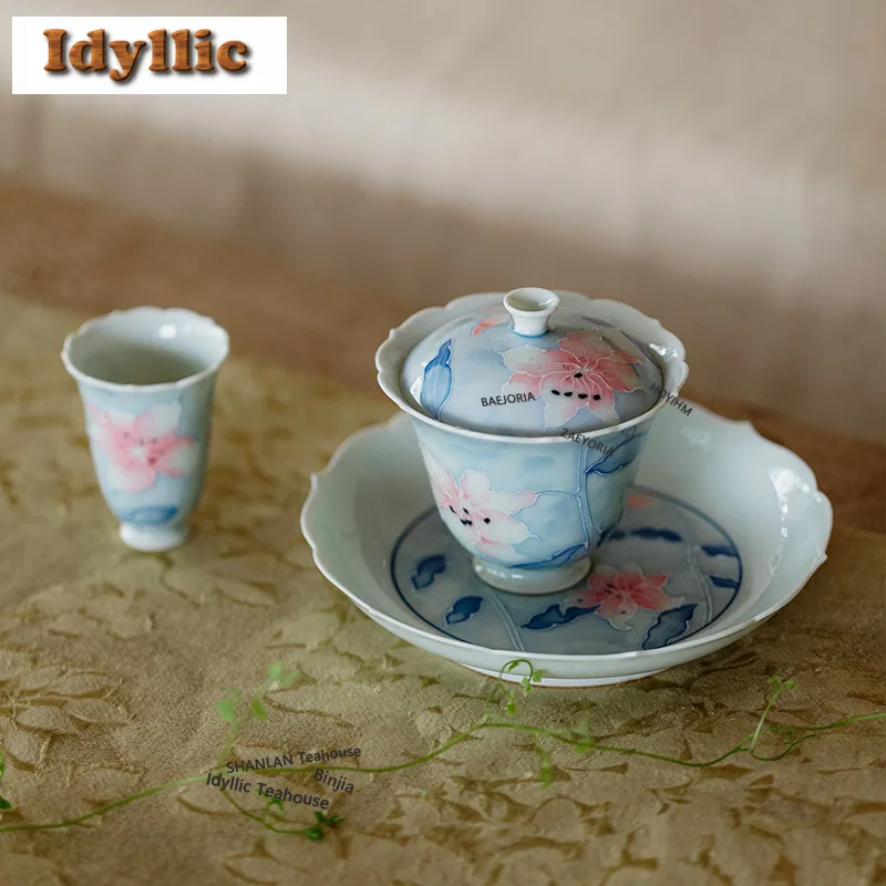 120ml Hand-painted Lily Gaiwan Luxury Tea Tureen Household Tea Bowl With Lid Kit Tea Maker Cover Bowl Teaware Supplies Craft