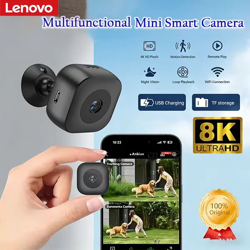 Lenovo 8K Mini WiFi Monitor Security Camera High Definition Full Color Night Vision Waterproof Motion Detect Surveillance Home