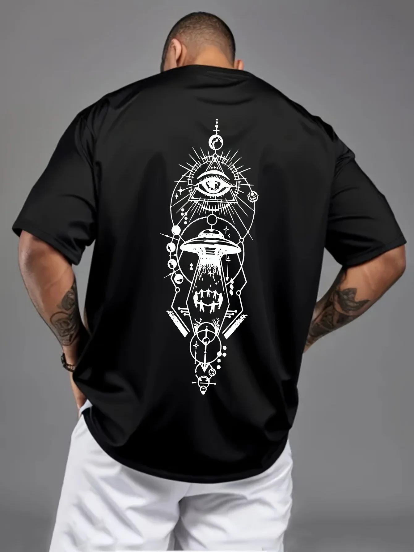 Men's UFO eye line-drawn print casual sportswear multi-purpose short-sleeved T-shirt graphic t shirts men clothing shirts