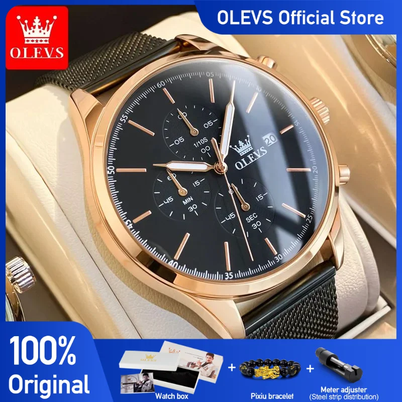 OLEVS Chronograph Men\'s Watches Fashion 42mm Dial Original Quartz Wristwatch Waterproof Stainless Steel Mesh Strap Watch for Men