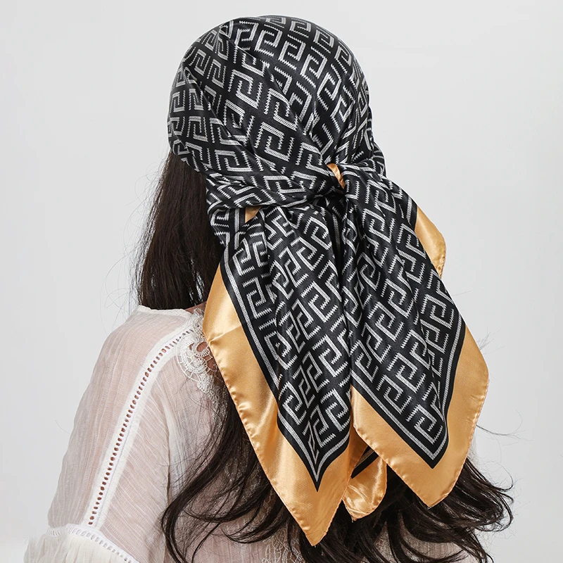90cm Square Silk Scarf Top Headwraps Four Seasons Hair Foulard Luxury Bandana Femme Headscarf Women Wrap Hijab Accessories